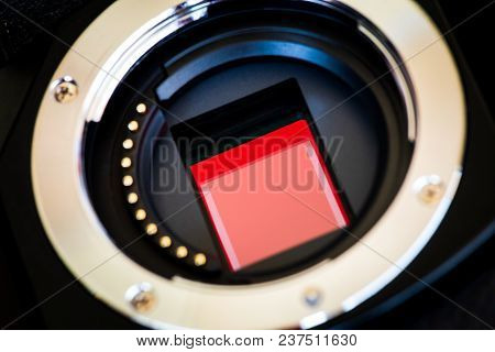 Close Up Mirrorless Micro 4/3 Digital Camera Sensor And Lens Mount. Digital Camera Technology Concep
