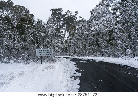 Road Sign In Forest In Winter. Winter Landscape Of Countryside Road Covered With Snow