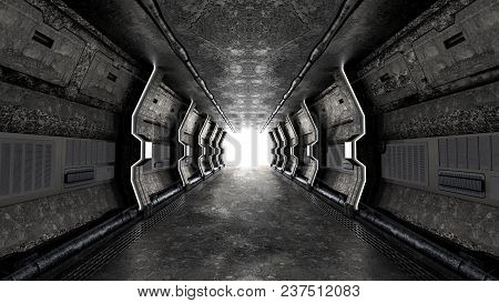 Realistic Old Spaceship And Over Light At End Sci-fi Corridor,3d Render.
