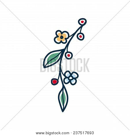 Summer And Spring Twig With Flowers And Leaves. Isolated Vector On White Background