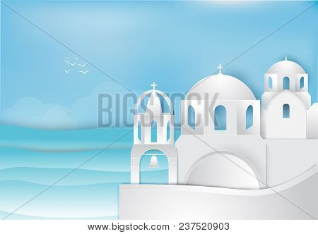 Paper Art Of Santorini In Aegean Sea Background. Paper Cut, Paper Crarft Illustration