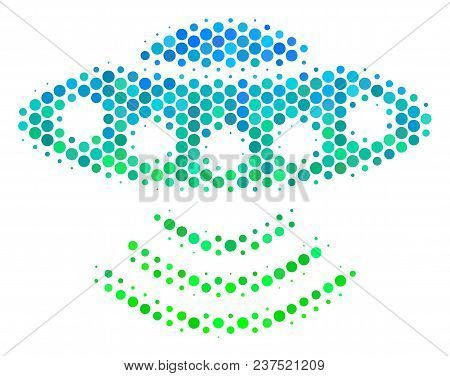 Halftone Round Spot Alien Invasion Icon. Icon In Green And Blue Color Tones On A White Background. V