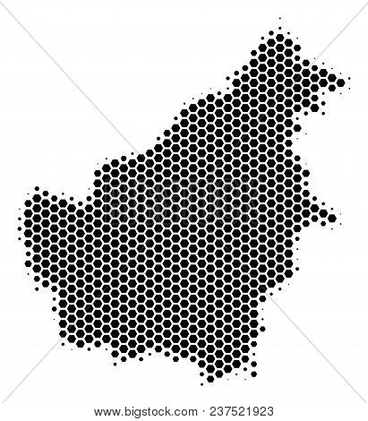 Halftone Hexagonal Borneo Island Map. Vector Geographical Map On A White Background. Vector Collage 