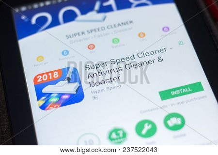 Ryazan, Russia - April 19, 2018 - Super Speed Cleaner Mobile App On The Display Of Tablet Pc
