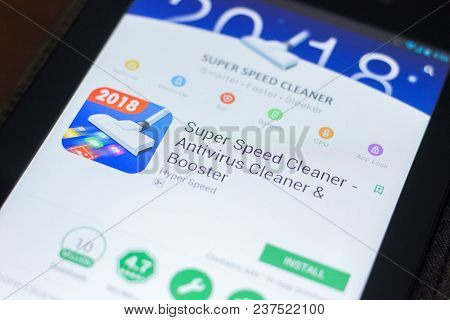 Ryazan, Russia - April 19, 2018 - Super Speed Cleaner Mobile App On The Display Of Tablet Pc