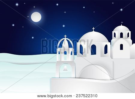 Paper Art Of Santorini In Aegean Sea On Night Sky Background. Paper Cut, Paper Crart Illustration