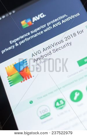 Ryazan, Russia - April 19, 2018 - Avg Antivirus 2018 Mobile App On The Display Of Tablet Pc
