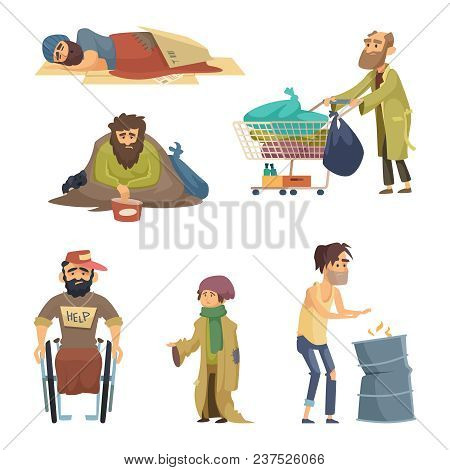 Unhappy Dirty Poor And Desperate Peoples. Vector Characters Set Of Homeless Hungry And Unhappy, Man 