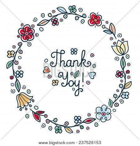 Thank You Handwritten Text Lettering. Round Floral Wreath