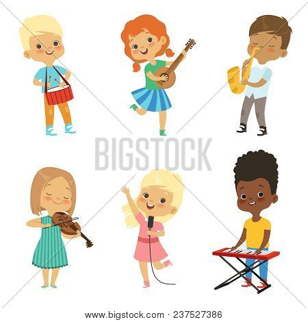 Various Cartoon Kids Musicians. Musical Happy Children, Entertainment And Art Hobby Illustration