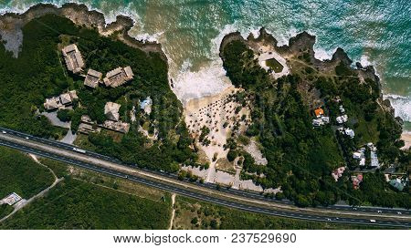Road And Blue Ocen. Coast Line. Above Bay