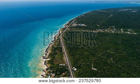 Road And Blue Ocen. Coast Line. Half
