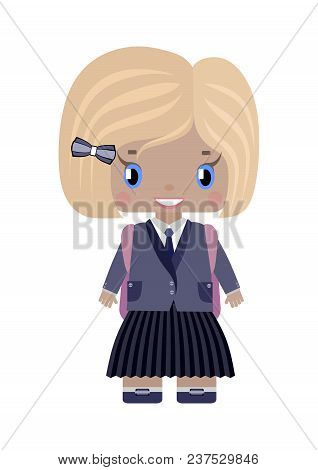 Little Girl, With Blond Hair And A Square In School Uniform, Smiles With A School Backpack (first-gr