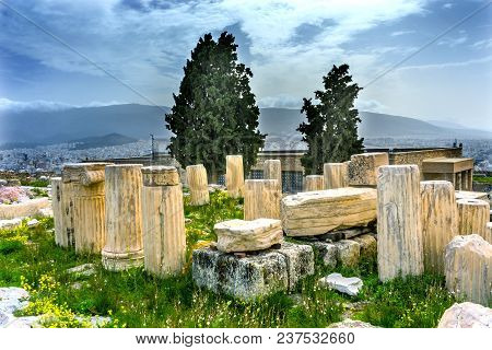 Ruins Temple Of Augustus Rome Acropolis Athens Greece.  Temple Of Augustus And Rome Created On The A