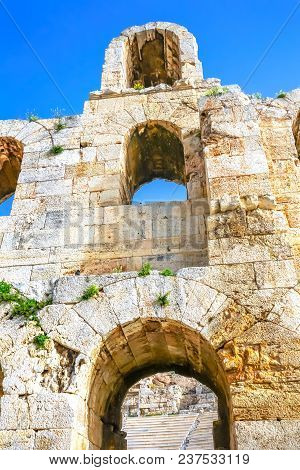 Odeon Of Herodes Attiacus Acropolis Athens Greece. Stone Theater Base Of Acropolis.  Built 161 Ad.  