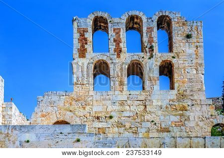 Odeon Of Herodes Attiacus Acropolis Athens Greece. Stone Theater Base Of Acropolis.  Built 161 Ad.  