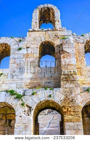 Odeon Of Herodes Attiacus Acropolis Athens Greece. Stone Theater Base Of Acropolis.  Built 161 Ad.  