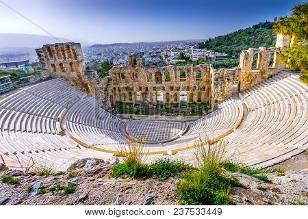 Odeon Of Herodes Attiacus Acropolis Athens Greece. Stone Theater Base Of Acropolis.  Built 161 Ad.  