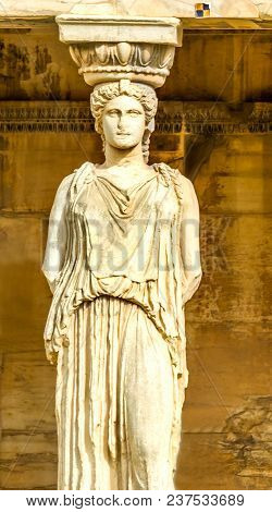 Porch Caryatids Ruins Temple Of Erechtheion Acropolis Athens Greece.  Greek Maidens Columns Temple O
