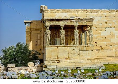 Porch Caryatids Ruins Temple Of Erechtheion Acropolis Athens Greece.  Greek Maidens Columns Temple O