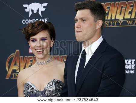 Scarlett Johansson and Colin Jost at the premiere of Disney and Marvel's 'Avengers: Infinity War' held at the El Capitan Theatre in Hollywood, USA on April 23, 2018.