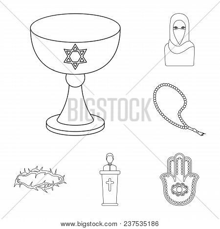 Religion And Belief Outline Icons In Set Collection For Design. Accessories, Prayer Vector Symbol St