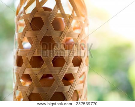 Close Up Of Eggs In A Bamboo Basket