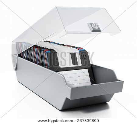 Vintage 3.5 Inch Disquettes Aranged Inside Disquette Box. 3d Illustration.