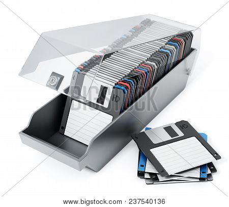 Vintage 3.5 Inch Disquettes Aranged Inside Disquette Box. 3d Illustration.