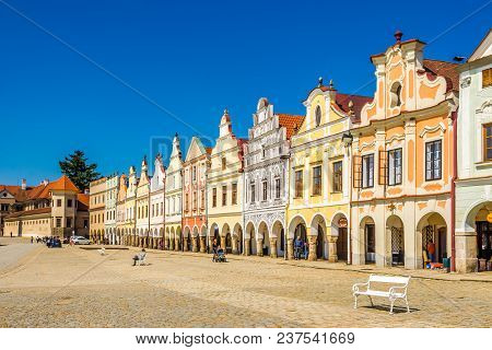 Telc, Czech Republic - April 18,2018 - View At The Painted Houses At Main Place In Telc. The Town Wa