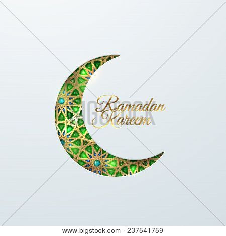 Ramadan Kareem. Eid Mubarak. Vector Islamic Religious Illustration Of Crescent Moon With Green Emera