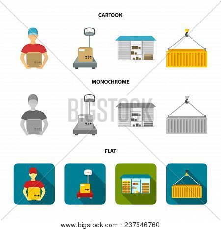 Courier, Scales, Container, Warehouse.logistic, Set Collection Icons In Cartoon, Flat, Monochrome St