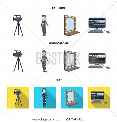 A Movie Camera, A Suit For Special Effects And Other Equipment. Making Movies Set Collection Icons I
