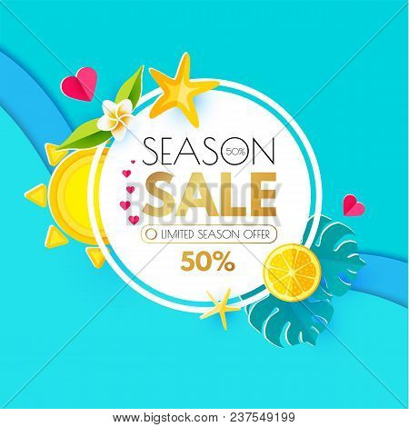 Summer Sale Layout Design Template. Paper Art. Season Offer Banner With Circle Banner, Citrus, Plume
