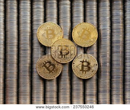 Metal Coins Are Laid Out In A Smooth Background To Each Other, Close-up View From The Top, Gold Kryp
