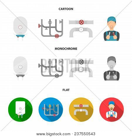 Boiler, Plumber, Ventils And Pipes.plumbing Set Collection Icons In Cartoon, Flat, Monochrome Style 