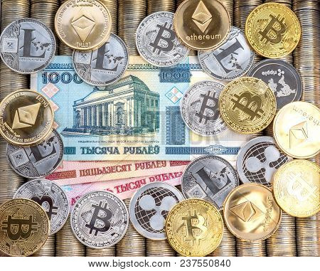 Silver Gold Crypto Coins Ethereum Eth, Bitcoin Btc. Paper Denominations Belarusian Ruble. Metal Coin