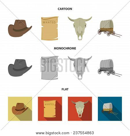 Cowboy Hat, Is Searched, Cart, Bull Skull. Wild West Set Collection Icons In Cartoon, Flat, Monochro