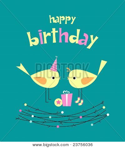 Carta di compleanno con uccelli carini con regali