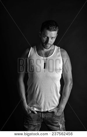 Handsome Mucho Guy In Vest. Fashion And Beauty. Fashion Model On Grey Background. Man With Unshaven 