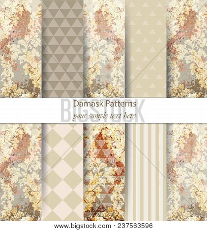 Damask Patterns Set Collection Vector. Classic Ornament Various Colors With Abstract Background Text