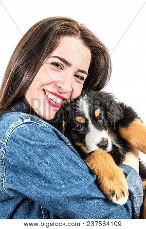 Happy Woman Huge A Puppy Of Bernese Mountain Dog