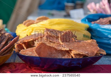 Tasty Delicatessen Maral Or Deer Meat In The Form Of Chips In The Market