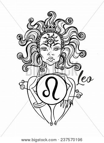 Zodiac Sign Leo A Beautiful Girl. Horoscope. Astrology. Coloring.  Vector