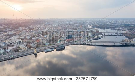 Aerial top view of Dnepr river and Podol district from above, Kiev (Kyiv) city, Ukraine