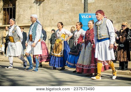 Valencia, Spain - February 24, 2018: Dancers In Traditional Costumes