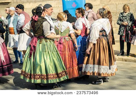 Valencia, Spain - February 24, 2018: Dancers In Traditional Costumes