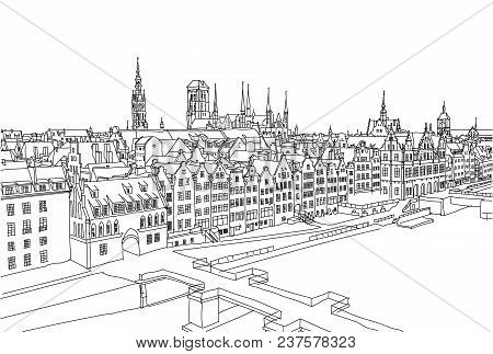 Gdansk City Landscape. Hand Drawned Vector Background. Black And White Line Art.