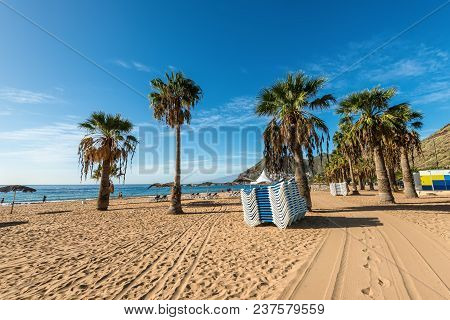 Santa Cruz De Tenerife, Canary Islands, Spain - Desember 11, 2016: Playa De Las Teresitas, A Famous 