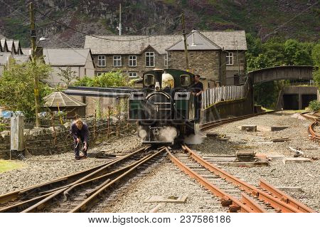 Blaenau Ffestiniog Wales Uk - August 22 2017: Narrow Gauge Double Fairlie Steam Locomotive Iarll Mei